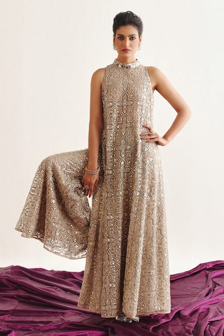 Twenty Nine_Silver Tulle Mirrors Embroidered Sharara _Online_at_Aza_Fashions