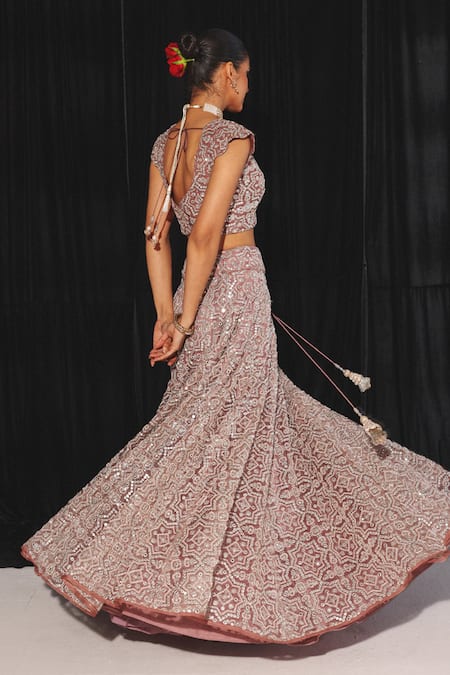 Shop Twenty Nine Wine Tulle Mirrors Embroidered Lehenga at Aza Fashions Shop_Twenty Nine_Wine Tulle Mirrors Embroidered Lehenga _at_Aza_Fashions