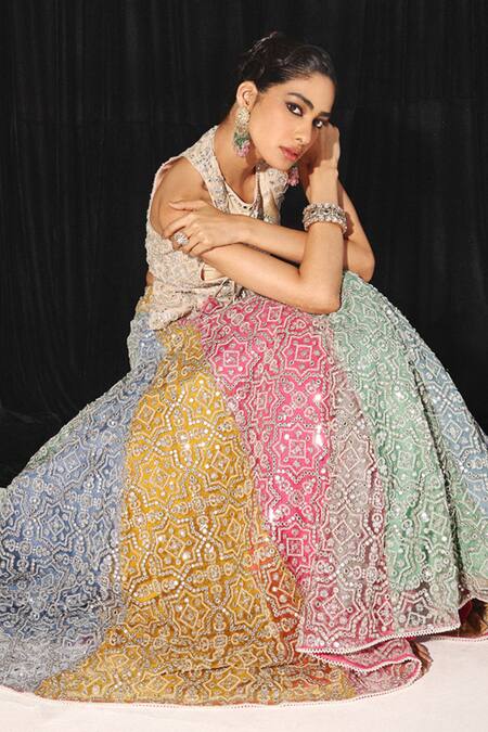Buy_Twenty Nine_Multi Color Tulle Mirrors, Beads Multicolored Panelled Embroidered Lehenga _Online_at_Aza_Fashions