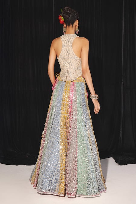 Twenty Nine Multicolored Panelled Embroidered Lehenga 