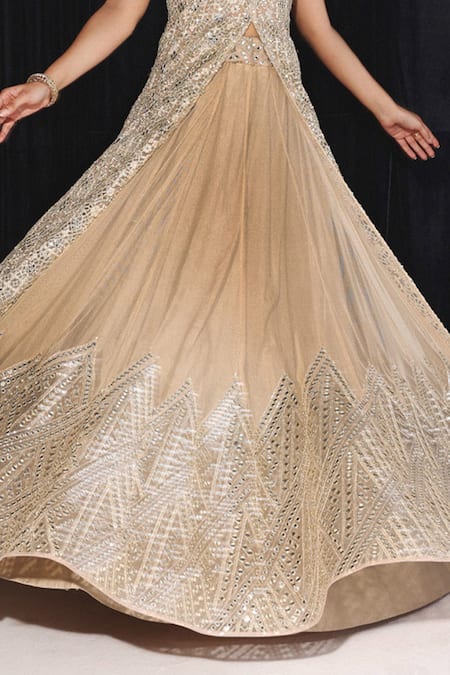 Twenty Nine_Gold Net Embroidery Geometric Applique Work Lehenga _Online_at_Aza_Fashions