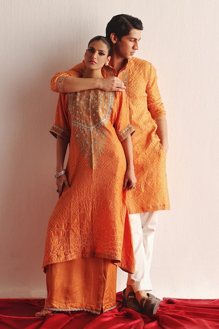 Twenty Nine Orange Silk Embroidery Marodi Work Kurta Online at Aza Fashions Twenty Nine_Orange Silk Embroidery Marodi Work Kurta _Online_at_Aza_Fashions