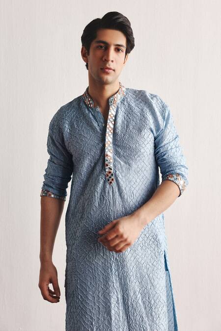 Twenty Nine_Blue Silk Mirrors Powder Embroidered Kurta _Online_at_Aza_Fashions