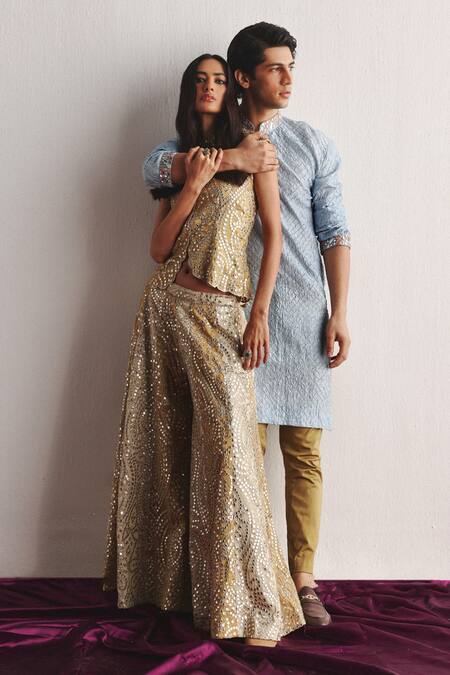 Buy_Twenty Nine_Blue Silk Mirrors Powder Embroidered Kurta _Online_at_Aza_Fashions