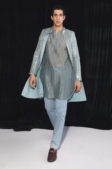 Shop Twenty Nine Blue Chanderi Mirrors Powder Work Kurta at Aza Fashions Shop_Twenty Nine_Blue Chanderi Mirrors Powder Work Kurta _at_Aza_Fashions