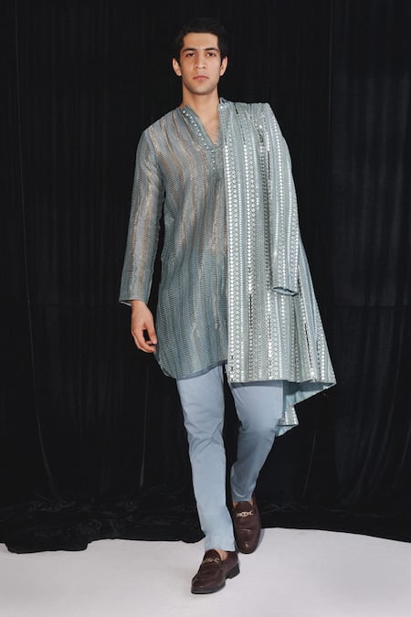 Twenty Nine Blue Chanderi Mirrors Powder Work Kurta Online at Aza Fashions Twenty Nine_Blue Chanderi Mirrors Powder Work Kurta _Online_at_Aza_Fashions