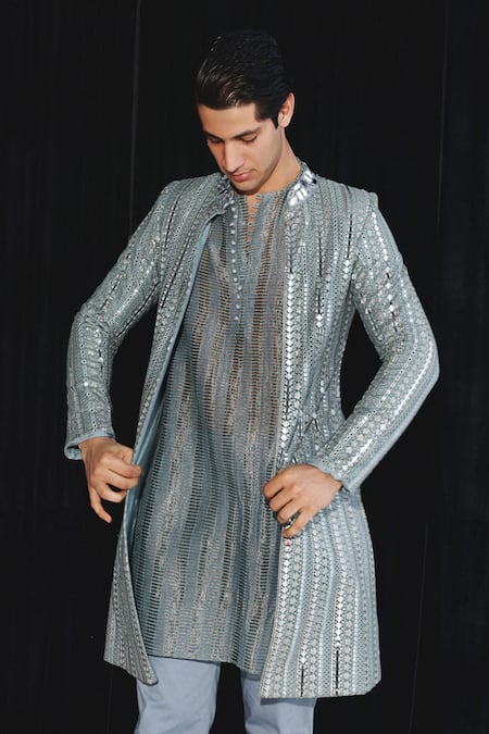 Buy Twenty Nine Blue Chanderi Mirrors Powder Work Kurta Online at Aza Fashions Buy_Twenty Nine_Blue Chanderi Mirrors Powder Work Kurta _Online_at_Aza_Fashions