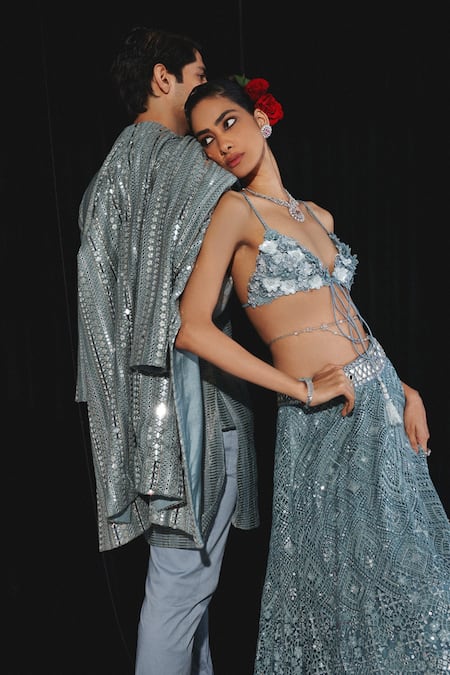 Shop Twenty Nine Blue Chanderi Mirrors Powder Work Kurta Online at Aza Fashions Shop_Twenty Nine_Blue Chanderi Mirrors Powder Work Kurta _Online_at_Aza_Fashions