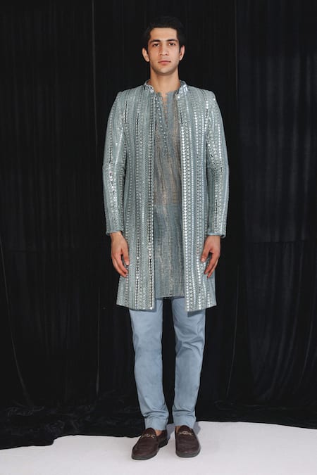 Shop_Twenty Nine_Blue Georgette Mirrors Geometrical Embroidered Jacket _at_Aza_Fashions