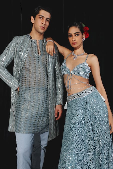 Buy_Twenty Nine_Blue Georgette Mirrors Geometrical Embroidered Jacket _Online_at_Aza_Fashions