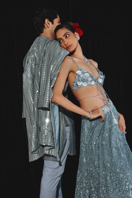 Shop_Twenty Nine_Blue Georgette Mirrors Geometrical Embroidered Jacket _Online_at_Aza_Fashions