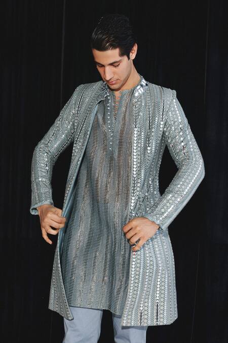 Twenty Nine_Blue Georgette Mirrors Geometrical Embroidered Jacket _at_Aza_Fashions