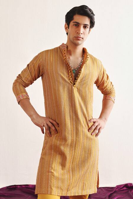 Twenty Nine_Yellow Silk Embroidery Kantha Short Kurta _Online_at_Aza_Fashions