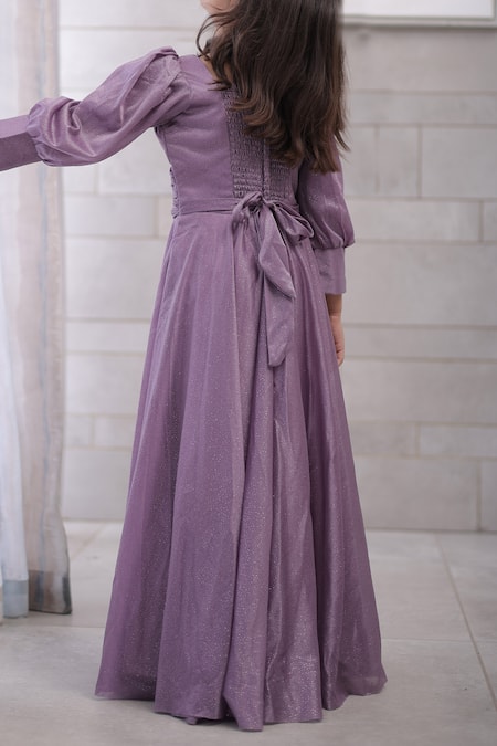 Shop Petite Pomme Purple Cotton Gathered Shimmer Long Gown at Aza Fashions Shop_Petite Pomme_Purple Cotton Gathered Shimmer Long Gown_at_Aza_Fashions