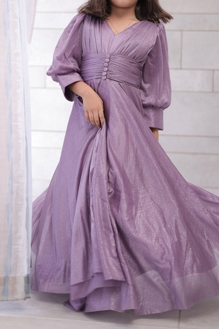 Petite Pomme Purple Cotton Gathered Shimmer Long Gown Online at Aza Fashions Petite Pomme_Purple Cotton Gathered Shimmer Long Gown_Online_at_Aza_Fashions