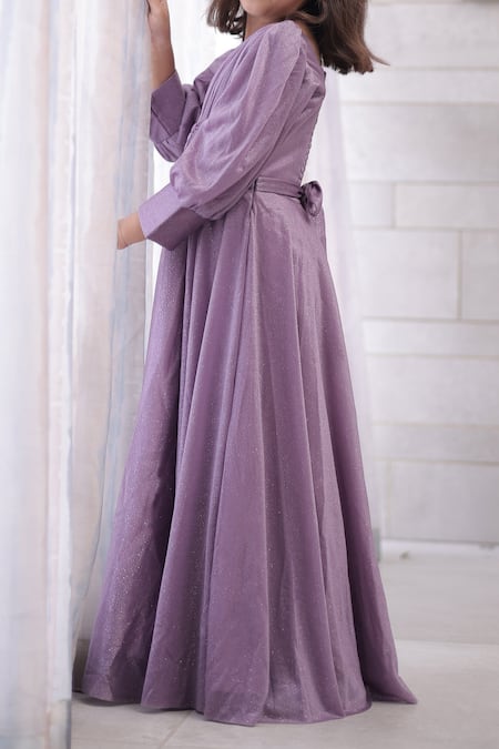 Buy Petite Pomme Purple Cotton Gathered Shimmer Long Gown Online at Aza Fashions Buy_Petite Pomme_Purple Cotton Gathered Shimmer Long Gown_Online_at_Aza_Fashions