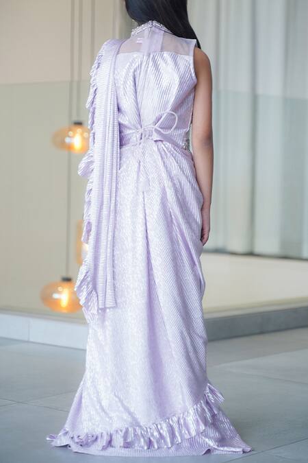 Shop Petite Pomme Purple Cotton Embroidery, Beads Pre-draped Saree And Blouse at Aza Fashions Shop_Petite Pomme_Purple Cotton Embroidery, Beads Pre-draped Saree And Blouse_at_Aza_Fashions