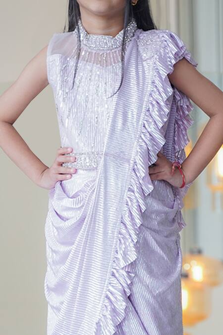 Petite Pomme Purple Cotton Embroidery, Beads Pre-draped Saree And Blouse Online at Aza Fashions Petite Pomme_Purple Cotton Embroidery, Beads Pre-draped Saree And Blouse_Online_at_Aza_Fashions