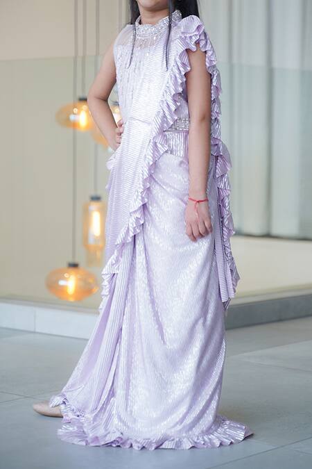 Buy Petite Pomme Purple Cotton Embroidery, Beads Pre-draped Saree And Blouse Online at Aza Fashions Buy_Petite Pomme_Purple Cotton Embroidery, Beads Pre-draped Saree And Blouse_Online_at_Aza_Fashions