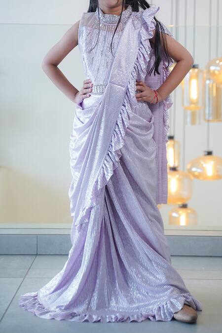 Shop Petite Pomme Purple Cotton Embroidery, Beads Pre-draped Saree And Blouse Online at Aza Fashions Shop_Petite Pomme_Purple Cotton Embroidery, Beads Pre-draped Saree And Blouse_Online_at_Aza_Fashions