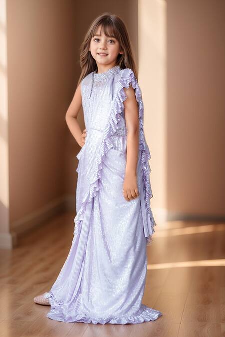 Petite Pomme Purple Cotton Embroidery, Beads Pre-draped Saree And Blouse at Aza Fashions Petite Pomme_Purple Cotton Embroidery, Beads Pre-draped Saree And Blouse_at_Aza_Fashions