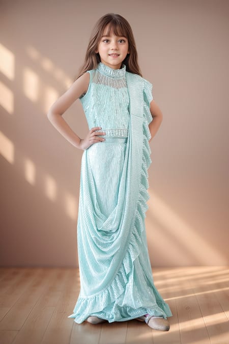 Buy_Petite Pomme_Green Cotton Sequins Ruffled Pre-draped Saree And Embroidered Blouse_Online_at_Aza_Fashions