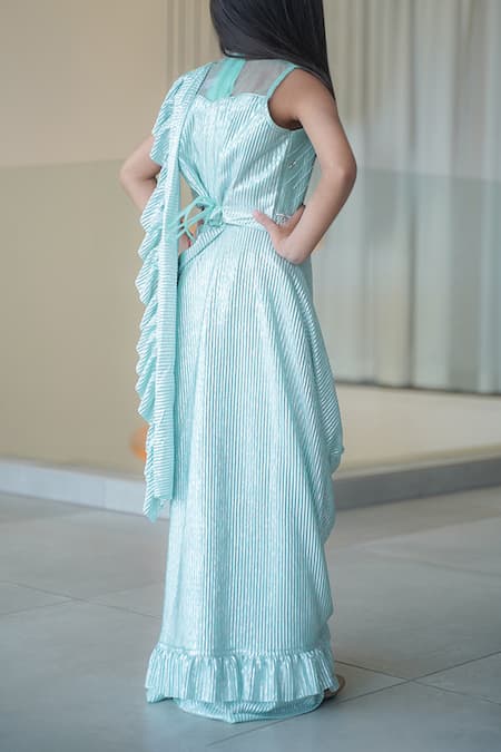 Shop_Petite Pomme_Green Cotton Sequins Ruffled Pre-draped Saree And Embroidered Blouse_at_Aza_Fashions
