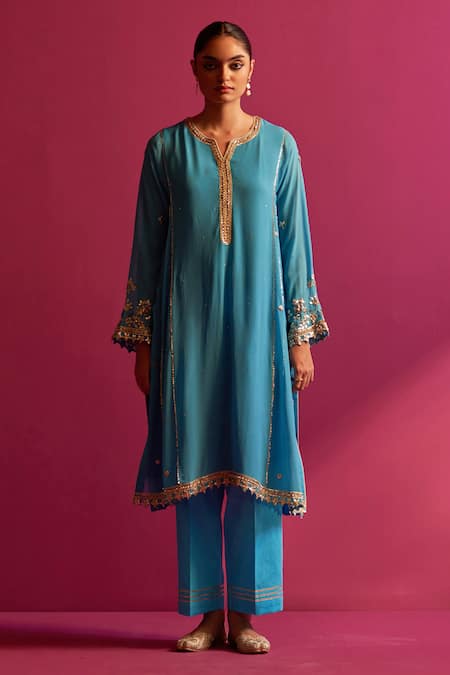 Shetab Kazmi Blue Viscose, Georgette Gota Patti Split V-neck Embroidered Kurta Set Online at Aza Fashions Shetab Kazmi_Blue Viscose, Georgette Gota Patti Split V-neck Embroidered Kurta Set _Online_at_Aza_Fashions