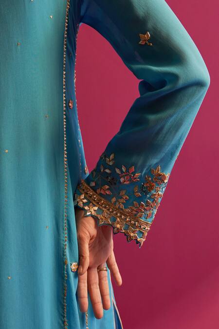 Buy Shetab Kazmi Blue Viscose, Georgette Gota Patti Split V-neck Embroidered Kurta Set Online at Aza Fashions Buy_Shetab Kazmi_Blue Viscose, Georgette Gota Patti Split V-neck Embroidered Kurta Set _Online_at_Aza_Fashions