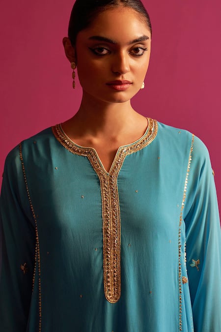 Shop Shetab Kazmi Blue Viscose, Georgette Gota Patti Split V-neck Embroidered Kurta Set Online at Aza Fashions Shop_Shetab Kazmi_Blue Viscose, Georgette Gota Patti Split V-neck Embroidered Kurta Set _Online_at_Aza_Fashions