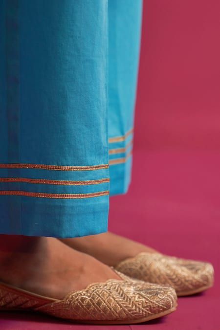 Shetab Kazmi Blue Viscose, Georgette Gota Patti Split V-neck Embroidered Kurta Set at Aza Fashions Shetab Kazmi_Blue Viscose, Georgette Gota Patti Split V-neck Embroidered Kurta Set _at_Aza_Fashions