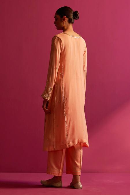 Shop_Shetab Kazmi_Peach Viscose, Georgette Gota Patti Split V-neck Embroidered Kurta Set _at_Aza_Fashions