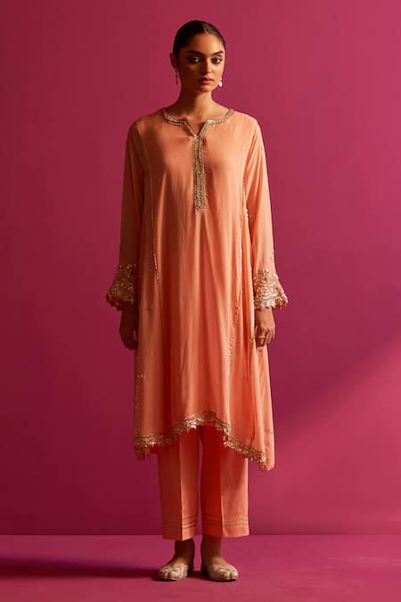Shetab Kazmi_Peach Viscose, Georgette Gota Patti Split V-neck Embroidered Kurta Set _Online_at_Aza_Fashions