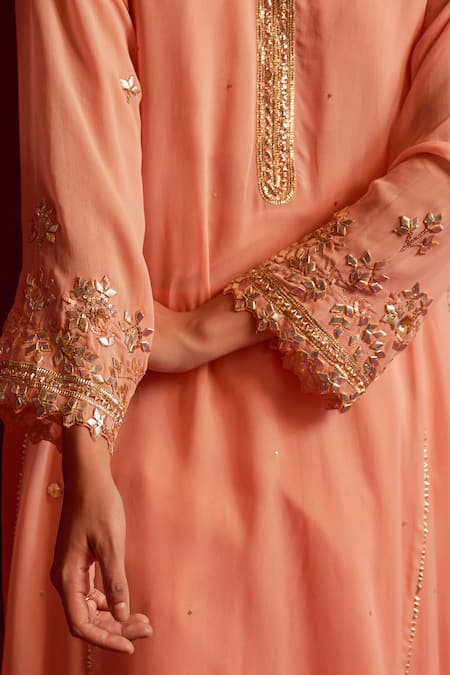 Shop_Shetab Kazmi_Peach Viscose, Georgette Gota Patti Split V-neck Embroidered Kurta Set _Online_at_Aza_Fashions