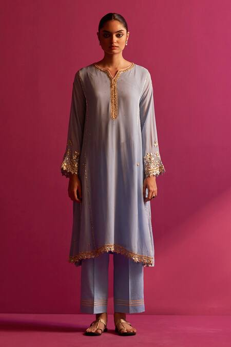 Shetab Kazmi Blue Viscose, Georgette Embroidery, Gota Patti Split V-neck Kurta Set Online at Aza Fashions Shetab Kazmi_Blue Viscose, Georgette Embroidery, Gota Patti Split V-neck Kurta Set _Online_at_Aza_Fashions