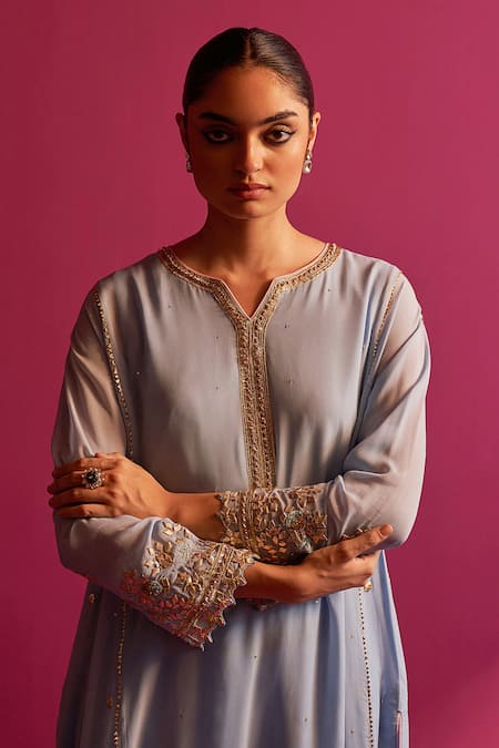 Shop Shetab Kazmi Blue Viscose, Georgette Embroidery, Gota Patti Split V-neck Kurta Set Online at Aza Fashions Shop_Shetab Kazmi_Blue Viscose, Georgette Embroidery, Gota Patti Split V-neck Kurta Set _Online_at_Aza_Fashions