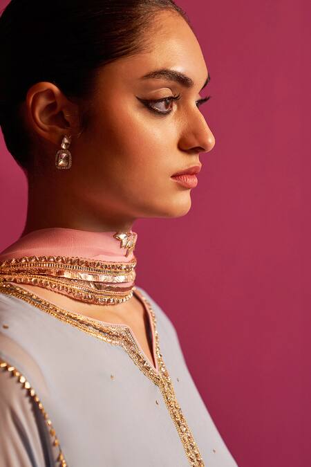 Shetab Kazmi Blue Viscose, Georgette Embroidery, Gota Patti Split V-neck Kurta Set at Aza Fashions Shetab Kazmi_Blue Viscose, Georgette Embroidery, Gota Patti Split V-neck Kurta Set _at_Aza_Fashions