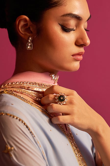 Buy Shetab Kazmi Blue Viscose, Georgette Embroidery, Gota Patti Split V-neck Kurta Set Buy_Shetab Kazmi_Blue Viscose, Georgette Embroidery, Gota Patti Split V-neck Kurta Set