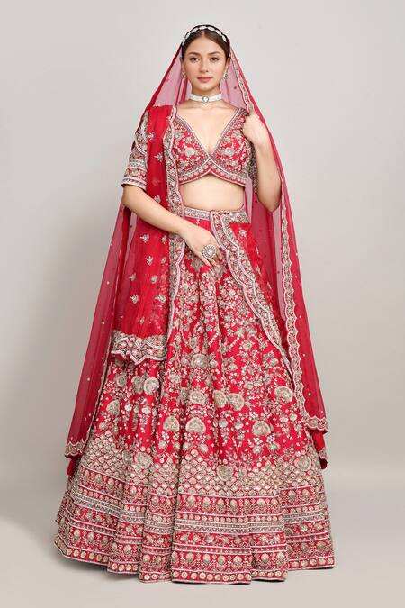 Kalighata_Red , Satin Sequins, Embroidery, Cut Work Plunge Floral Lehenga Set _at_Aza_Fashions