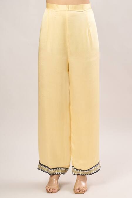 Buy Rajdeep Ranawat Yellow Satin Embroidery Beige Palazzo Pant Online at Aza Fashions Buy_Rajdeep Ranawat_Yellow Satin Embroidery Beige Palazzo Pant _Online_at_Aza_Fashions