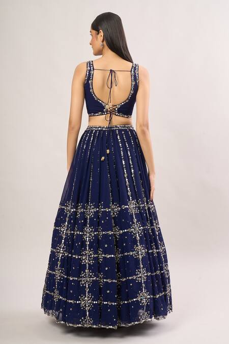 Shop_Prevasu_Blue Chiffon, Georgette Mirrors, Sequins Checkered Embroidered Lehenga Set_at_Aza_Fashions