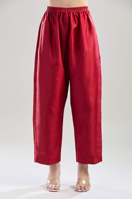 Samyukta Singhania_Maroon Silk, Chiffon Sequins, Beads Round Neck Dabka Embroidered Kurta Pant Set _Online_at_Aza_Fashions