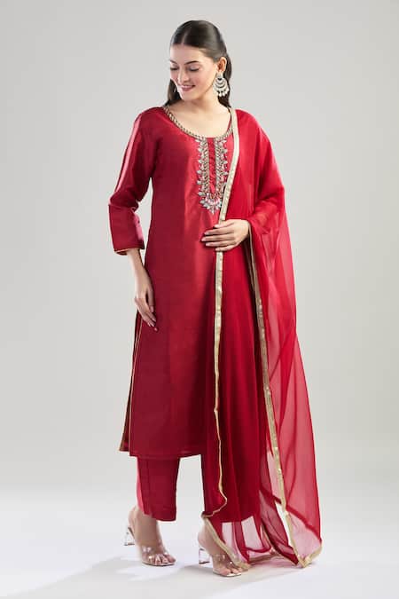 Shop_Samyukta Singhania_Maroon Silk, Chiffon Sequins, Beads Round Neck Dabka Embroidered Kurta Pant Set _Online_at_Aza_Fashions