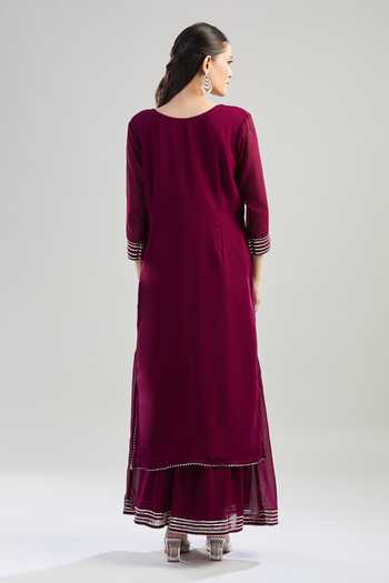Khwaab By Sanjana Lakhani Dabka Embroidered Wine Kurta Sharara Set 