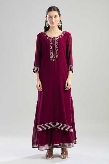 Khwaab By Sanjana Lakhani_Wine Georgette, Linen Pearls, Sequins, Gota Dabka Embroidered Kurta Sharara Set _Online_at_Aza_Fashions