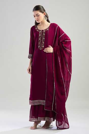 Khwaab By Sanjana Lakhani Dabka Embroidered Wine Kurta Sharara Set 