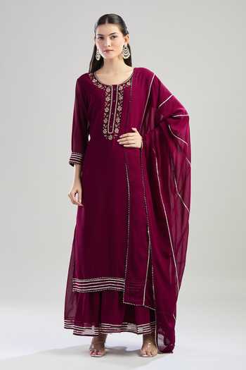 Buy_Khwaab By Sanjana Lakhani_Wine Georgette, Linen Pearls, Sequins, Gota Dabka Embroidered Kurta Sharara Set _Online_at_Aza_Fashions
