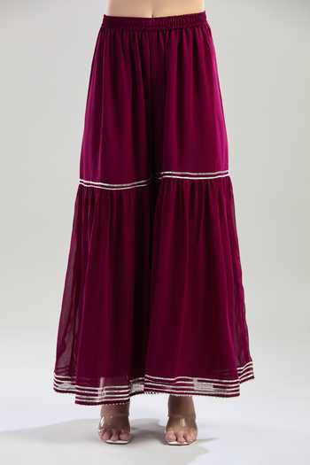 Shop_Khwaab By Sanjana Lakhani_Wine Georgette, Linen Pearls, Sequins, Gota Dabka Embroidered Kurta Sharara Set _Online_at_Aza_Fashions