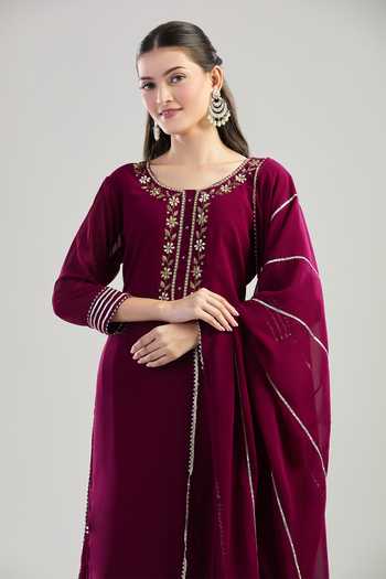 Khwaab By Sanjana Lakhani_Wine Georgette, Linen Pearls, Sequins, Gota Dabka Embroidered Kurta Sharara Set _at_Aza_Fashions