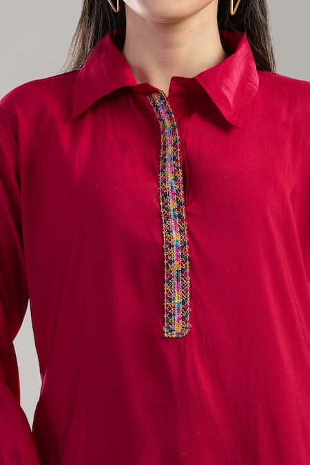 Buy Naintara Bajaj Red Polyester Embroidery Shawl Neck Seed Bead Kurta Set Online at Aza Fashions Buy_Naintara Bajaj_Red Polyester Embroidery Shawl Neck Seed Bead Kurta Set _Online_at_Aza_Fashions